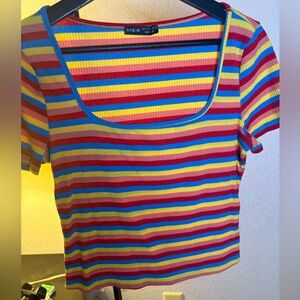 SHEIN Rainbow Striped Ribbed Tee – Size Large – Square Neck